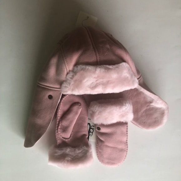 UGG KIDS LEATHER & REAL SHEARLING TRAPPER HAT AND MITTENS SET. SHEEPSKIN - Picture 4 of 16